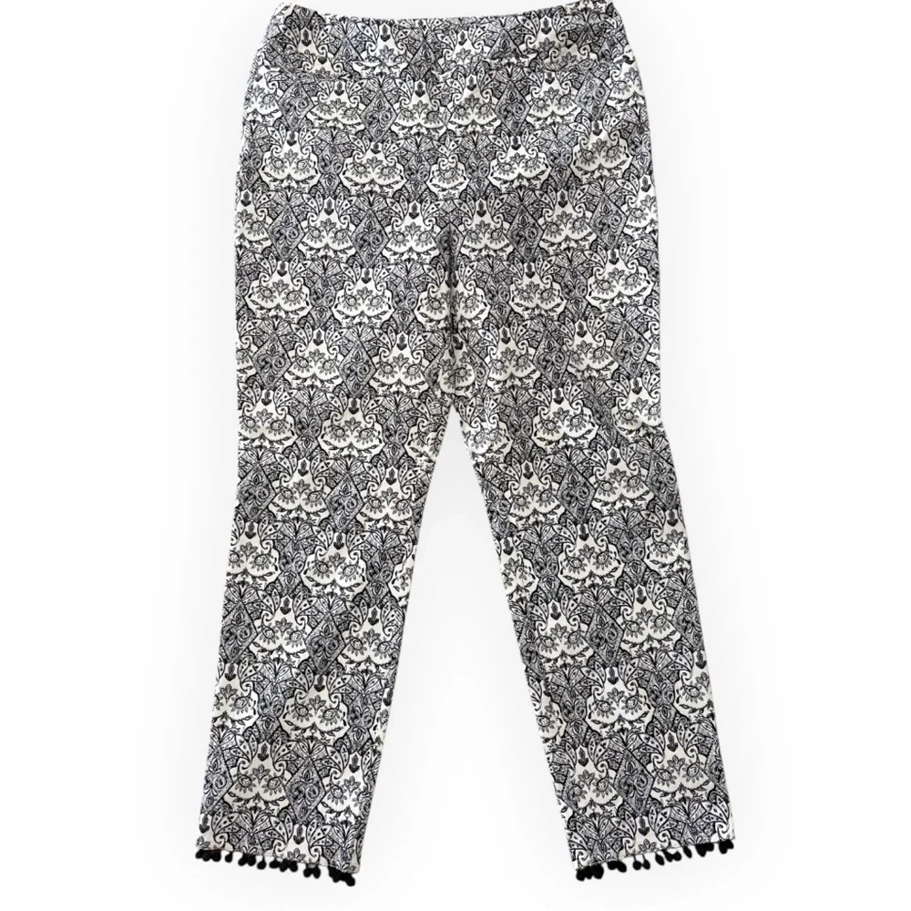 Chico's So-Slimming Black and White Patterned Ankle Pants with Pom Pom Details - Picture 2 of 9